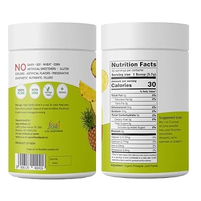 Vegs Pineapple Juice Powder - Freeze Dried Organic Pineapple Powder with Bromelain & Antioxidants - Sugar-Free Cold Pressed Tropical Fruit - Smoothies, Drinks, Cooking, Baking - Vegan, Non-GMO - 6 oz