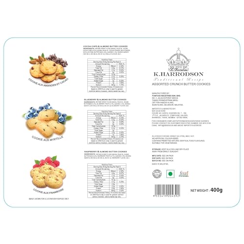 Image of K.Harrodson Assorted Crunch Butter Cookies • Cocoa Chips & Almond • Blueberry & Almond • Raspberry & Almond • Pink Tin Gift Box, 14.11 oz ℮ 400 g
