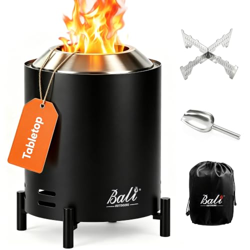 BALI OUTDOORS Smokeless Tabletop Fire Pit Portable Black Fire Pits for Wood or Pellets with Stove Rack and Storage Bag for Garden Patio Camping and Campervan