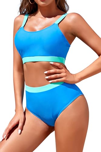 Image of Womens High Waisted Bikini Sets Sporty Crop Top Color Block Swimwear Bandeau Scoop Neck Vintage Two Piece Bathing Suits