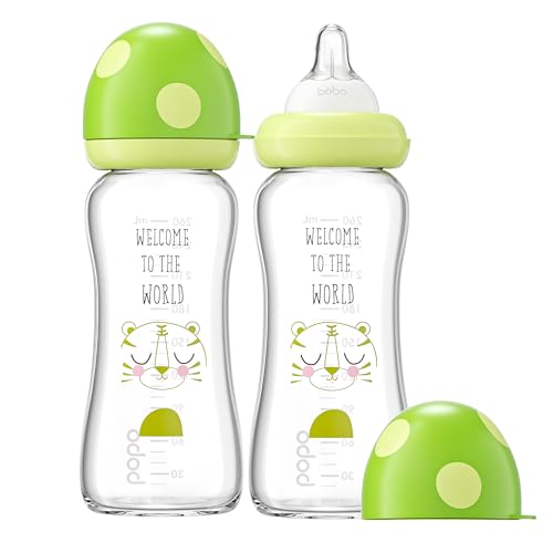 Image of YOHKOH Natural Glass Baby Bottle with Level 2 Medium Flow Nipple, Newborn Anti-Colic Baby Bottles, Wide Neck Mushroom Baby Glass Bottle (8.8ounce (Pack of 2), Green1)