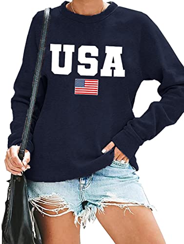 Image of LAZYCHILD USA Sweatshirt Women American Flag Shirt Patriotic TShirt Stars Stripes Pullover 4th of July Tee Tops