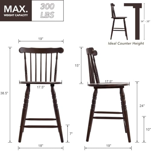 Butacos de barra para altura de encimera chairus, 24 pulgadas, estilo rústico colonial, respaldo con varillas, patas torneadas, acabado marrón anticuado, juego de 2 unidades miniatura 2
