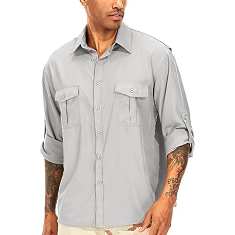 Anteef Men's Long Sleeve Safari Shirts UPF 50+ Lightweight Quick Dry Cooling, Hiking Fishing UV Sun Protection Shirts（5065 Light Gray XL） Cover