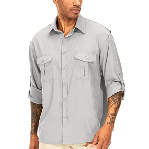 Men's Long Sleeve Safari Shirts UPF 50+ Lightweight Quick Dry Cooling, Hiking Fishing UV Sun Protection Shirts（5065 Light Gray XL）