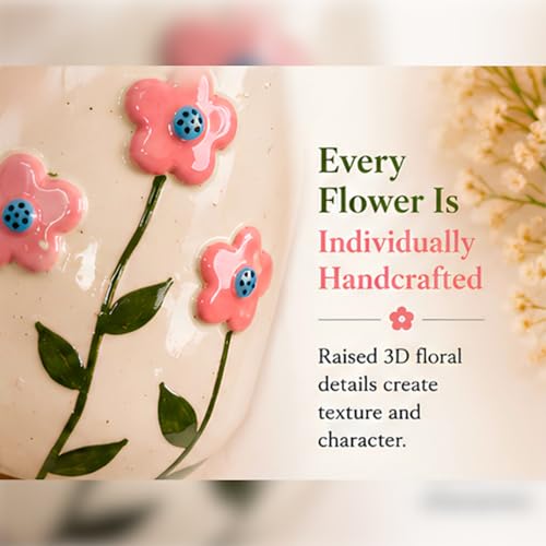 Image of Handmade Ceramic Coffee Mug with 3D Embossed Pink Flowers & Green Leaves, Handpainted Floral Tea Cup, Microwave Safe, Dishwasher Safe, BPA Free, Artisan Pottery Mug for Coffee Tea (240ml)