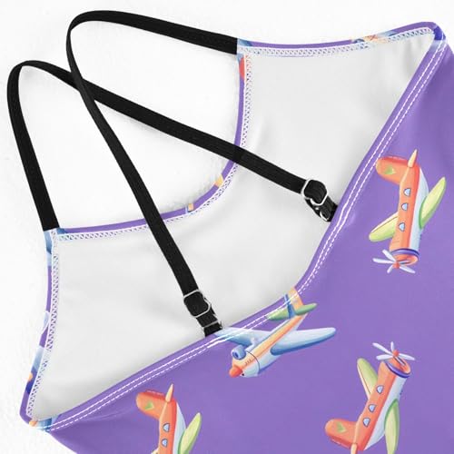 senya Girls Swimsuits One-Piece Swimwear Tie Bathing Suit Beach Summer Round Neck 5-6T Airplane Purple Background Pattern4