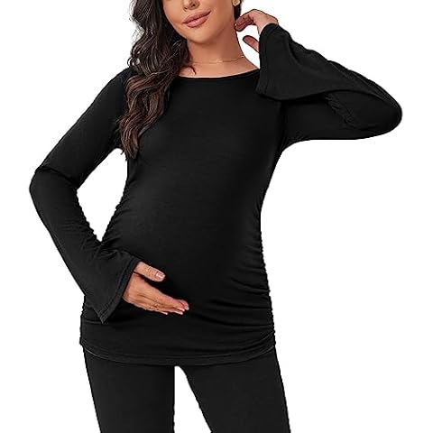 MOMOOD Maternity Shirt Long Sleeve Bell Sleeve Maternity Top for Pregnant Women Crewneck Pregnancy Clothes Black M Cover