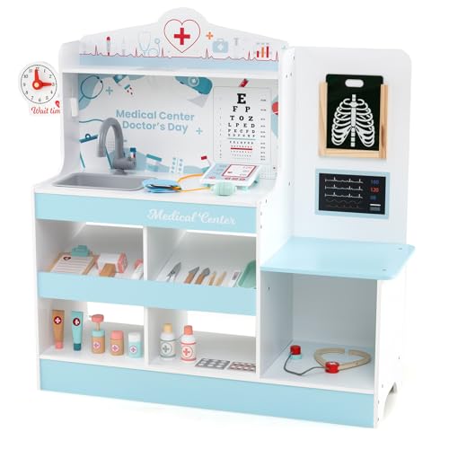 COSTWAY Juguete de Médico de Madera, Centro Médico para Niños con Reloj, Fregadero, Gráfico Optométrico, Monitor ECG, Área de Examen y 24 Accesorios, Juguete de Hospital para Niños de 3+ Años (Azul)