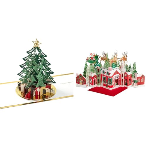 Hallmark Signature Paper Wonder Pop Up Christmas Card (Christmas Tree) & Paper Wonder Pop Up Jumbo Christmas Card Holiday Tabletop Decor (Accordion Fold Christmas Village)