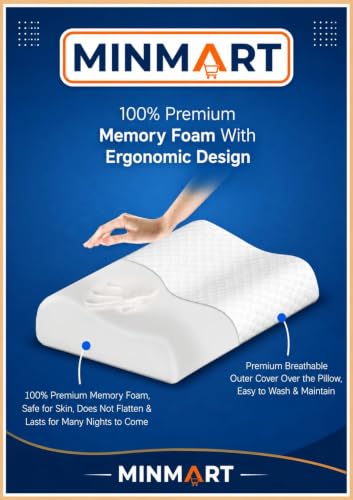 Image of MINIMART Memory Foam Pillow for Neck Support | | Orthopedic Contour Pillow for Cervical Spine Alignment & Shoulder Support | Made in India | 19 x 11 x 3.5 Inch A1