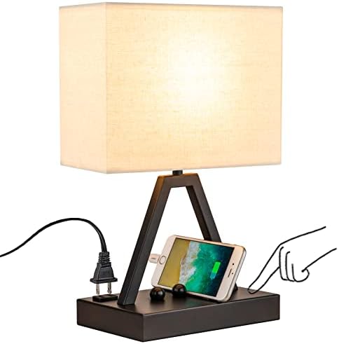 Briever USB C Touch Control Table Lamp, 3-Way Dimmable Desk Lamp with USB C & USB A and AC Outlet, Bedside Lamp with Phone Stands and Fabric Shade for Bedroom, Living Room, Office, LED Bulb Included
