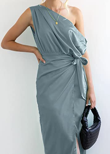 Merokeety Women's 2023 Sleeveless Satin Ruched Bodycon Dress Sexy Tie Wrap Wedding Party Maxi Dress, Dustyblue, M #TOP22