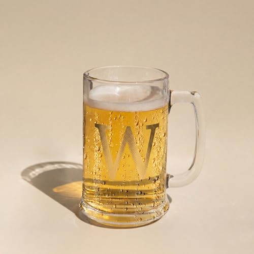 COLLECTIVE HOME Personalized Monogram Beer Mug - 14oz Glass Stein with Gilded Accents, Ready-to-Gift in Designer Box, Premium Gift Box for Men, Birthday or Father's Day (W)