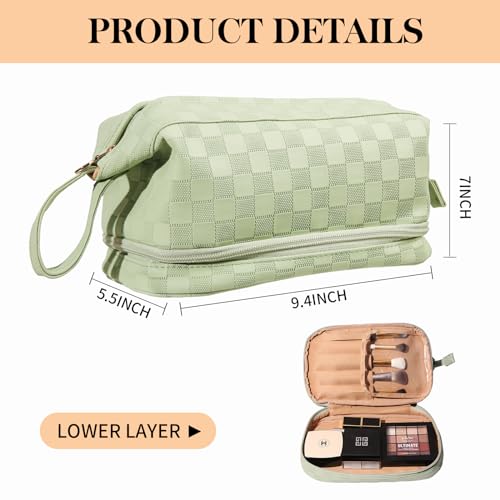 Abiudeng Makeup Bag Travel Make up Bag Large Capacity Toiletry Organizer Bags with Compartments for Women Portable PU Waterproof Cosmetic Bags-C-Green - Image 2