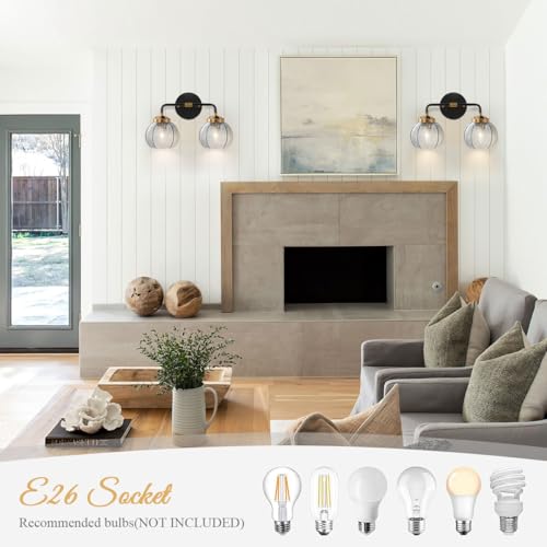 Image of Vintage Bathroom Vanity Light Fixture Modern Wall Sconce Over Mirror | Thick Glass Ribbed Smoky Gray Globe Lamp Shade Mid Century Black Gold Vanity Lights Fixtures for Farmhouse Dining Room above