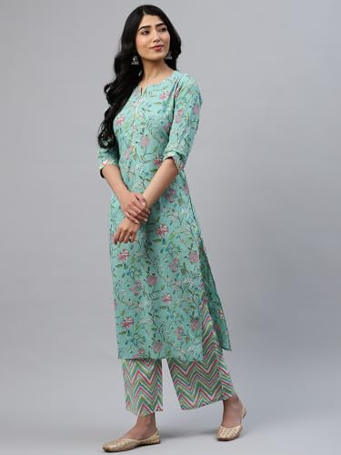 Image of Libas Printed Cotton Straight Kurta With Palazzo and Dupatta
