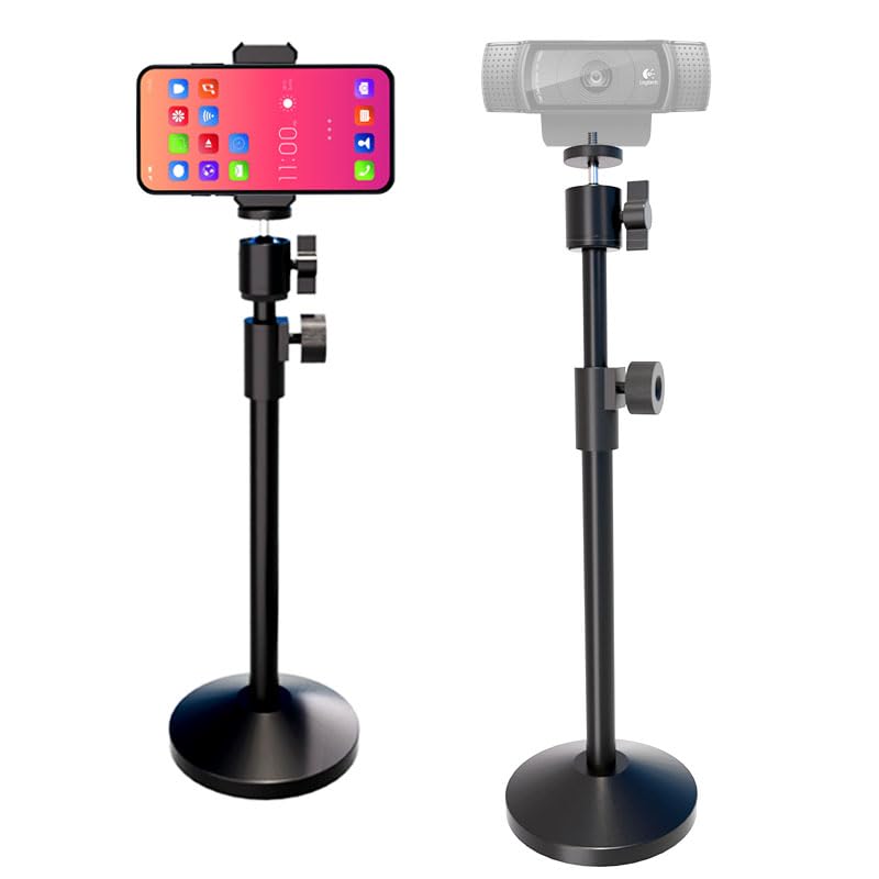 Webcam Stand with Phone Holder, Extendable Desktops Tripod Camera Stand Mount for Logitech Webcam C922 C930e C920S C920 C615 C960 C920x BRIO 4K NexiGo N60, Ring Light, GoPro, with 1/4" Thread
