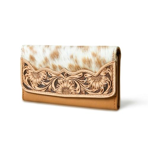 Cowhide Leather Wallet for Women – Handcrafted Tooled Sunflower Western Clutch – Hair-On Hide Purse with Snap Closure – Gift for Western Fashion Lovers2