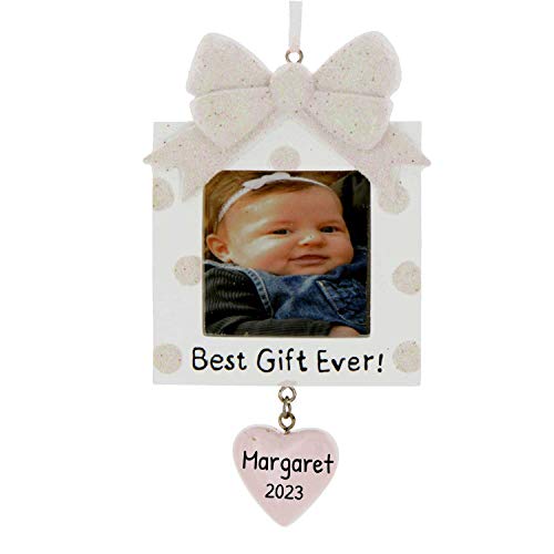 Personalized Present Picture Frame Christmas Tree Ornament 2022 - Square Pink Glitter Best Baby s 1st Photo Display Ever Girls First New Mom Shower Milestone Memory Gift Year - Free Customization