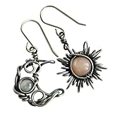 Handmade Antique Boho Silver Sun & Moon Shape Earrings | Unique Celestial Charm Vintage Style | Healing Crystal Mismatched Moonstone Earrings | (1 Pair)