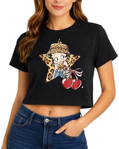 Betty Boop Womens Baby Tee Lightweight Cropped Graphic Shirts for Women Size X-Large Betty Boop Black