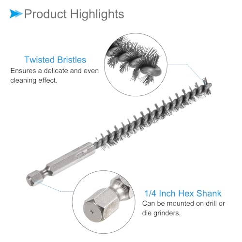 Image of Bore Brush, 9mm Dia 4.5 inch Length, Stainless Steel Cleaning Wire Brushes with 1 /4 Inch Hex Shank - (Applications: for Power Drill, Die Grinder), 5-Pieces