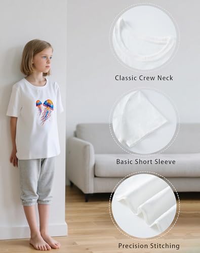 Kids White T Shirt Cute Short Sleeve Tshirt for Girls Jellyfish Graphic Crewneck Tees Boy & Girl Toddler Loose 2-8T4