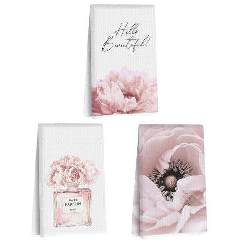 Image of 3 Pcs Pink Hand Towels, Perfume Flower Decor Reusable Dish Towels | Fashion Gifts for Women Girls Mom Friend, Waffle Weave Microfiber Towels for Bathroom Home Decor 24x14 Inch