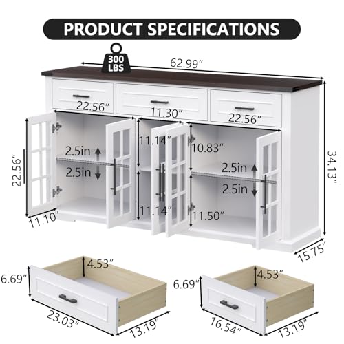 Gyfimoie 63" Sideboard Buffet Cabinet with Glass Doors, Farmhouse Large Buffet Table with 3 Storage Drawers, Modern Coffee Bar Wine Bar Cabinet with Adjustable Shelves for Kitchen, Dining Room, White