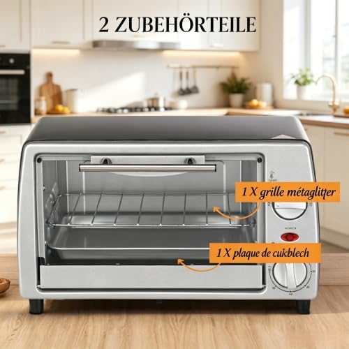 Mini Backofen 10 L ohne Umluft, kleiner Ofen für 2, 100-230°C, Timer | Mit Glasfenster & 2 Ebenen, herausnehmbare Krümelschublade, spülmaschinenfeste Teile, extra kompakt für kleine Küchen