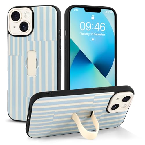 Jefonha Cute for iPhone 13 Case with Strap Stand, White Blue Stripes