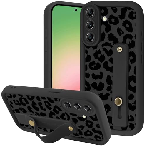 Zrutru Aesthetic Black Leopard Print Phone Case for Samsung Galaxy A56 with Flexible Adjustable Finger Hand Wrist Strap Holder Kickstand Silicone Shockproof Protection Funda for Samsung A56 6.7 Inch