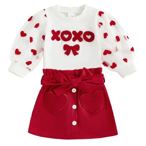Kayotuas Toddler Girl Valentines Outfit Love Heart Sweatshirt Long Sleeve Shirt and Red Skirts Set Cute Winter Spring Clothes (Red Heart XOXO Bows, 3-4T)