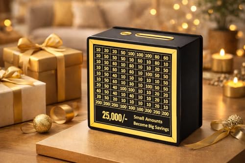 Image of Dr.MASHUR Wooden Money Saving Challenge Box with Printed Amount Board for Cash and Coin Collection, Reusable Saving Box for Kids and Adults (25k Money box-2pc, 2, Count)