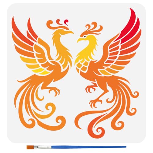 FINGERINSPIRE Phoenix Stencils with Paint Brush 11.8x11.8 inch Elegant Winged Phoenix Painting Stencil Phoenix Bird Template Animal Themes Template for Painting on Wood Wall Furniture DIY Home Decor