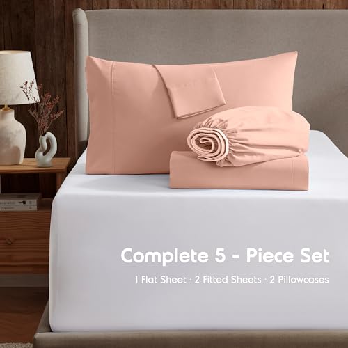 Image of Nestl Split King Bed Sheet Set - Peach Beige - 5-Piece Deep Pocket | Instantly Soft, Night-One Ready (No Wash Required). Fits 16-Inch Deep Pockets, 360-Degree Elastic Grip