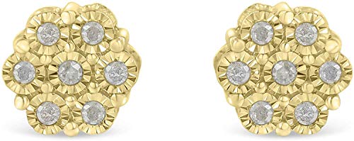 10K Yellow Gold over .925 Sterling Silver 1/4 Cttw Rose-Cut Miracle-Set Diamond Floral Cluster Button Stud Earrings (I-J Color, I3 Clarity)