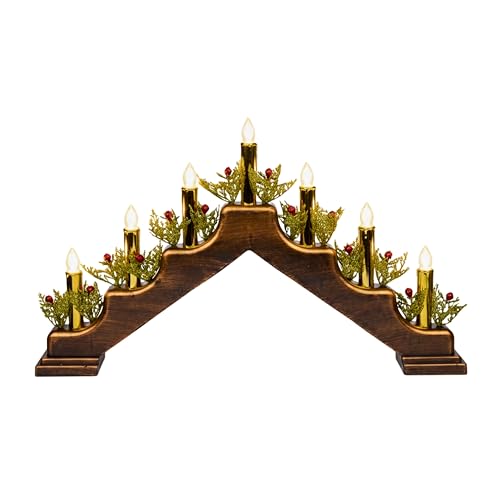 SHATCHI Latest Wooden Pre-Lit Brass Finish Candle Bridge Light 7 LEDs Bulbs Metallic Red Candles - Battery or USB Powered - Window Christmas Tree Home Light Holiday Xmas Decoration