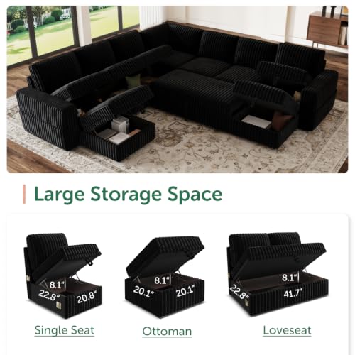 Image of HONBAY Modular Sectional Sleeper Sofa with Pull Out Bed Oversized Corduroy L Shaped Sofa Bed with Storage Couches for Living Room,Black