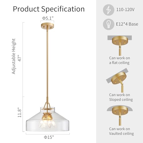 Image of WUZUPS Chandelier Rustic Farmhouse Industrial Round Ceiling Pendant LED Light Fixture with Clear Glass Shades for Dining Room Kitchen Island Foyer Entryway, H 11.8 inch W 15 inch, E26 Base, Gold