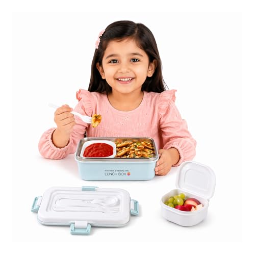 Image of WISHKEY BPA Free Stainless Steel Medium Sized Lunch Box with a Spoon & a Fork, Soft Color Tiffin Box & Cutlery Accessories for Kids & Adults, 500 ml (Set of 1, Blue)