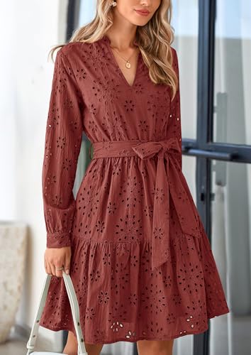 Image of PRETTYGARDEN Women's Long Sleeve Spring Dress 2025 Casual Fall V Neck A Line Hollow Out Eyelet Wedding Guest Short Dresses