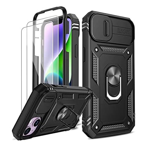 LeYi for iPhone 14 6.1'' Case with Camera Cover Slider, 360° Full Body Armour Military Protective Shockproof Phone Cover | 2 Pack Tempered Glass Screen Protector | Ring Stand Holder | Black Cover