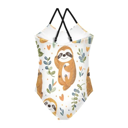 Cute Cartoon Sloth Leaves White Kids Swim Suits 3-10T Summer Swimsuits Girls, Beach Bathing Suit2