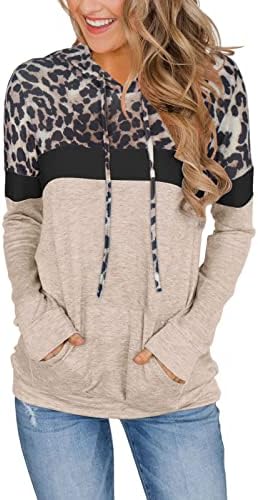 PINKMSTYLE Women's Long Sleeve Leopard Print Tops Casual Color Block Hoodies Sweatshirt with Pockets Leopard Print XX-Large