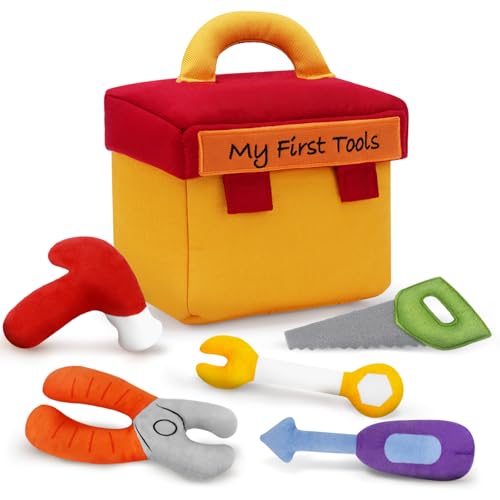 GERBIT My First Tool Set Plush Baby Toolbox Plushy with 5 Pcs Tool Plushies for Toddlers First Birthday Gifts for Boys Girls
