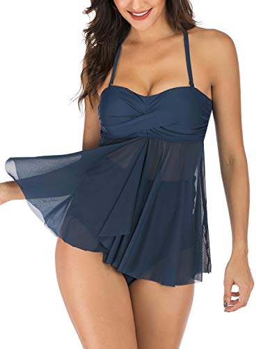 BIKINX High Waisted Tankini Swimsuits for Women Plus Size Two Piece Swimwear Tummy Control Halter Bathing Suits Navy