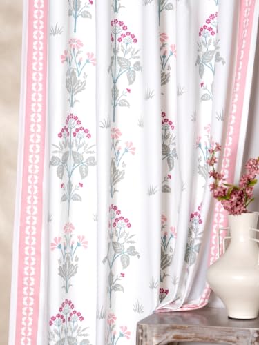 Image of Tranquebar Curtain Co. Window Curtains 5 Feet, 60-65% Room Darkening, Pink Floral Print, Cotton Curtains for Window, Cotton Curtains 5 Feet Long Set of 2, BackTabs, Latha (152 cm) - Set of 2