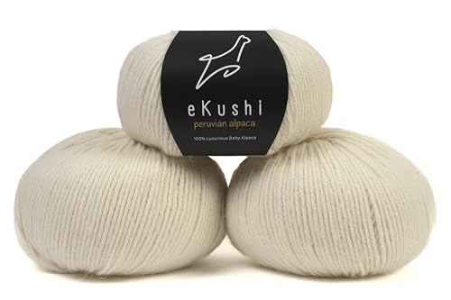 eKushi 100% Baby Alpaca Yarn for Knitting & Crocheting - Set of 3 Skeins of Premium Yarn DK - Lightweight Hypoallergenic & Thermal Peru Made - Ideal for Delicate Projects (N010 - Natural White)